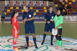 Capitanas y árbitros. Partido Portugal contra Rusia. 14º Campeonato del Mundo Universitario de Fútbol Sala 2014 (FUTSAL). Antequera. Julio de 2014