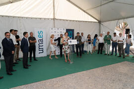 Intervención de Raquel Barco. Colocación de la primera piedra del huerto urbano y el parque frutal de la Universidad de Málaga. Campus de Teatinos. Julio de 2019
