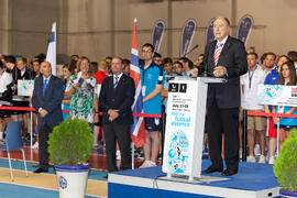 Intervención de Wolf Frühauf. Ceremonia de apertura del IX Campeonato de Europa Universitario de Fútbol Sala. Antequera. Julio de 2013