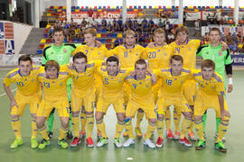 Jugadores de Ucrania. Partido Ucrania contra Brasil. 14º Campeonato del Mundo Universitario de Fútbol Sala 2014 (FUTSAL). Antequera. Julio de 2014