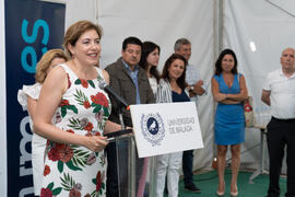 Intervención de Raquel Barco. Colocación de la primera piedra del huerto urbano y el parque frutal de la Universidad de Málaga. Campus de Teatinos. Julio de 2019