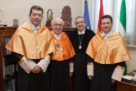 Antonio Guevara Plaza, Juan Jiménez Aguilar, José ángel Narváez y Manuel Molina Lozano antes de su investidura como Doctor "Honoris Causa" por la Facultad de Turismo de la Universidad de Málaga. Rectorado. Abril 2016