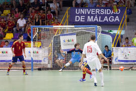 Partido España contra Bielorrusia. 14º Campeonato del Mundo Universitario de Fútbol Sala 2014 (FUTSAL). Antequera. Julio de 2014