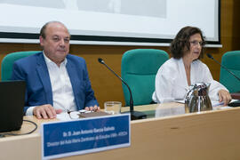 Alfredo Taján y Guadalupe Fernández Ariza. Curso "La ciudad como arquetipo. Literatura, historia y arte. Europa y América". Edificio del Rectorado. Septiembre de 2018
