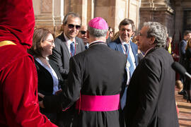 Jesús Catalá Ibáñez y José Ángel Narváez. Acto de la Hermandad de los Estudiantes en la Catedral. Plaza del Obispo, Málaga. Abril de 2019