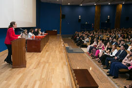 Intervención de Socorro Puy Segura en la graduación de Másters de la Facultad de Ciencias Económicas y Empresariales de la Universidad de Málaga. Paraninfo. Abril de 2018