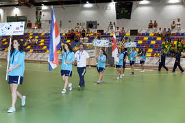 Salto a pista de los participantes. Acto de clausura y entrega de medallas. 14º Campeonato del Mundo Universitario de Fútbol Sala 2014 (FUTSAL). Antequera. Julio de 2014