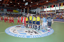 Salto a pista de los equipos. Partido Tailandia contra España. 14º Campeonato del Mundo Universitario de Fútbol Sala 2014 (FUTSAL). Antequera. Julio de 2014