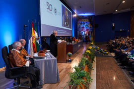 Intervención de José Ángel Narváez. Investidura de Felipe Romera como Doctor "Honoris Causa" por la por la Escuela Técnica Superior de Ingeniería de Telecomunicación de la Universidad de Málaga. Paraninfo. Marzo de 2022