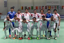 Jugadores de Omán. Partido Omán contra Bielorrusia. 14º Campeonato del Mundo Universitario de Fútbol Sala 2014 (FUTSAL). Antequera. Julio de 2014