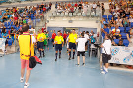 Salto a pista de los equipos. Partido España contra Rusia. 14º Campeonato del Mundo Universitario de Fútbol Sala 2014 (FUTSAL). Antequera. Julio de 2014