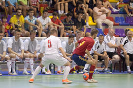Partido España contra Bielorrusia. 14º Campeonato del Mundo Universitario de Fútbol Sala 2014 (FUTSAL). Antequera. Julio de 2014