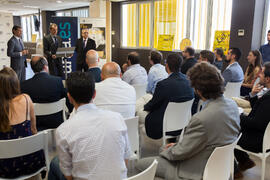 Rafael Ventura, Pedro Duque y José Ángel Narváez. Visita del ministro de Ciencia, Innovación y Universidades al edificio The Green Ray. Campus de Teatinos. Junio de 2018