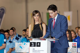 Presentadores de la ceremonia de apertura del IX Campeonato de Europa Universitario de Fútbol Sala. Antequera. Julio de 2013