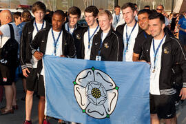 Foto de grupo. Momentos previos a la ceremonia de apertura del IX Campeonato de Europa Universitario de Fútbol Sala. Antequera. Julio de 2013