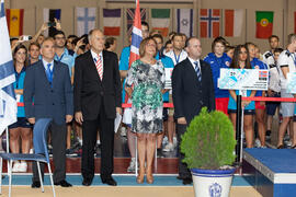Pedro Montiel, Wolf Frühauf, Adelaida de la Calle y Manuel Jesús Barón. Ceremonia de apertura del IX Campeonato de Europa Universitario de Fútbol Sala. Antequera. Julio de 2013