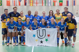 Jugadoras de Brasil. Partido Brasil contra Portugal. 14º Campeonato del Mundo Universitario de Fútbol Sala 2014 (FUTSAL). Antequera. Julio de 2014