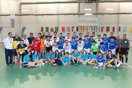 Jugadores, equipo técnico y voluntarios. Partido Brasil contra Iran. 14º Campeonato del Mundo Universitario de Fútbol Sala 2014 (FUTSAL). Antequera. Julio de 2014