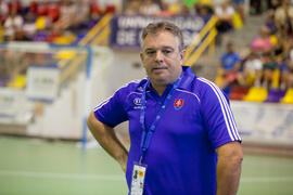 Seleccionador de Eslovaquia. Partido España contra Eslovaquia. 14º Campeonato del Mundo Universitario de Fútbol Sala 2014 (FUTSAL). Antequera. Julio de 2014