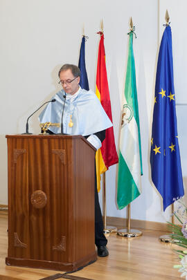 Antonio Soler en su investidura como Doctor "Honoris Causa" por la Facultad de Filosofía y Letras de la Universidad de Málaga. Paraninfo. Junio de 2016