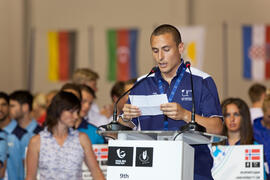 Intervención de un deportista. Ceremonia de apertura del IX Campeonato de Europa Universitario de Fútbol Sala. Antequera. Julio de 2013