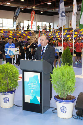 Intervención de Manuel Jesús Barón. Ceremonia de apertura del Campeonato del Mundo Universitario de Balonmano. Antequera. Junio de 2016
