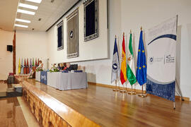 Intervención de Rosario Machuca. Homenaje al personal que cumple 25 años al servicio de la Universidad de Málaga y al personal jubilado. Paraninfo. Julio de 2013