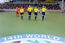 Salto a pista de los equipos. Partido Tailandia contra España. 14º Campeonato del Mundo Universitario de Fútbol Sala 2014 (FUTSAL). Antequera. Julio de 2014