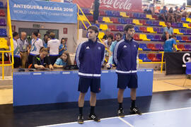Árbitros del partido Rusia - Polonia. Categoría femenina. Campeonato del Mundo Universitario de Balonmano. Antequera. Julio de 2016