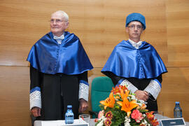 Eduardo Rodríguez Bejarano y Hans-Dieter Wienberg en su investidura como Doctor "Honoris Causa" por la Facultad de Ciencias de la Universidad de Málaga. Rectorado. Mayo de 2016