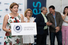Intervención de Raquel Barco. Colocación de la primera piedra del huerto urbano y el parque frutal de la Universidad de Málaga. Campus de Teatinos. Julio de 2019