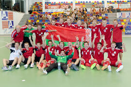 Jugadores de Bielorrusia. Partido Irán contra Bielorrusia. 14º Campeonato del Mundo Universitario de Fútbol Sala 2014 (FUTSAL). Antequera. Julio de 2014