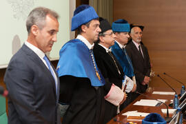 Mesa presidencial de la investidura como Doctor "Honoris Causa" de Hans-Dieter Wienberg por la Facultad de Ciencias de la Universidad de Málaga. Rectorado. Mayo de 2016