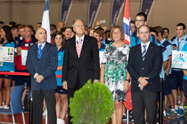 Pedro Montiel, Wolf Frühauf, Adelaida de la Calle y Manuel Jesús Barón. Ceremonia de apertura del IX Campeonato de Europa Universitario de Fútbol Sala. Antequera. Julio de 2013