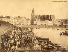 Málaga,  muelle en el puerto abarrotado de gente y catedral. Garzón.