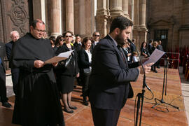 Acto de la Hermandad de los Estudiantes en la Catedral. Plaza del Obispo, Málaga. Abril de 2019