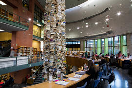 Biblioteca General con la instalación "Biblioteca de Babel XIII", de José Ignacio Díaz de Rábago. Campus de Teatinos. Enero de 2018