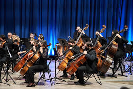 Chelistas. Concierto de Bandas Sonoras de la 31 edición de Fancine de la Universidad de Málaga. Auditorio de la Escuela Técnica de Ingeniería de Telecomunicaciones e Informática. Noviembre de 2021