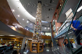 Biblioteca General con la instalación "Biblioteca de Babel XIII", de José Ignacio Díaz de Rábago. Campus de Teatinos. Enero de 2018