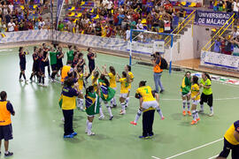 Saludo final. Partido Brasil contra España. 14º Campeonato del Mundo Universitario de Fútbol Sala 2014 (FUTSAL). Antequera. Julio de 2014