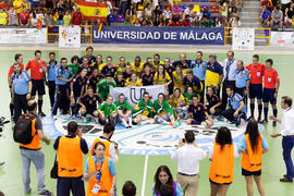 Jugadoras de Brasil y España. Partido Brasil contra España. 14º Campeonato del Mundo Universitario de Fútbol Sala 2014 (FUTSAL). Antequera. Julio de 2014