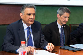 José Luis Romero Silva y José Manuel Domínguez Martínez en la IV Jornada del Foro Málaga Viva. Sede de Unicaja. Abril 2015