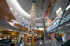 Biblioteca General con la instalación "Biblioteca de Babel XIII", de José Ignacio Díaz de Rábago. Campus de Teatinos. Enero de 2018