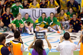Jugadoras de Brasil y España. Partido Brasil contra España. 14º Campeonato del Mundo Universitario de Fútbol Sala 2014 (FUTSAL). Antequera. Julio de 2014