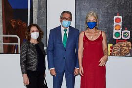 Mariluz Reguero, Francisco Salado y Patricia del Pozo. Inauguración de la exposición "Eugenio Chicano Siempre". Museo de Málaga. Mayo de 2021