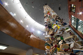 Biblioteca General con la instalación "Biblioteca de Babel XIII", de José Ignacio Díaz de Rábago. Campus de Teatinos. Enero de 2018