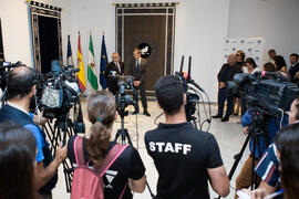 Rueda de prensa del ministro Pedro Duque en la Universidad de Málaga. Edificio del Rectorado. Junio de 2018