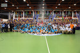 Equipos ganadores y voluntarios. Acto de clausura y entrega de medallas. 14º Campeonato del Mundo Universitario de Fútbol Sala 2014 (FUTSAL). Antequera. Julio de 2014