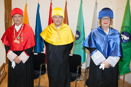 Adelaida de la Calle, José María Martín Delgado y Antonio Díez de los Ríos en la imposición de la Medalla de Oro de la Universidad de Málaga a Adelaida de la Calle. Paraninfo. Mayo de 2016