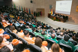 Intervención de Luis Gómez Jacinto en la Apertura del Curso Académico 2017/2018 de la Universidad de Málaga. Salón de actos de la Facultad de Turismo. Septiembre de 2017